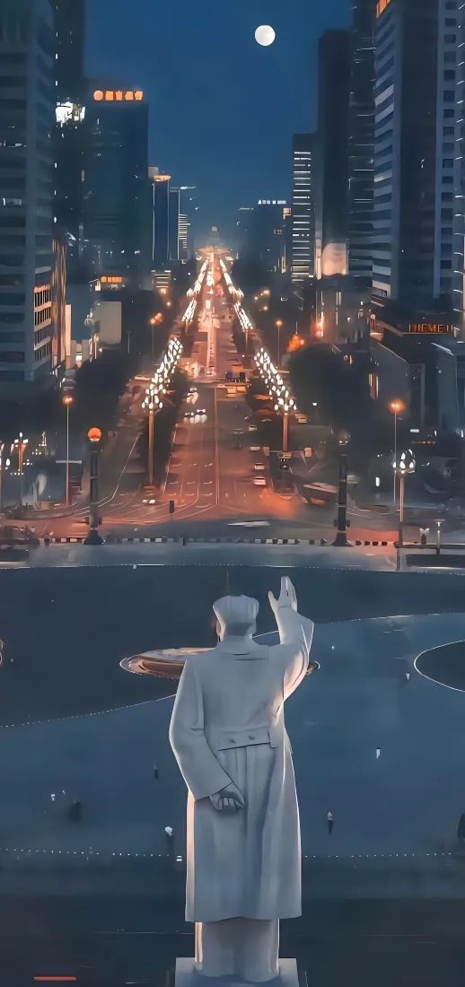 毛主席雕像｜城市夜景背景图片 - 圆月灯火都市「哲风壁纸」