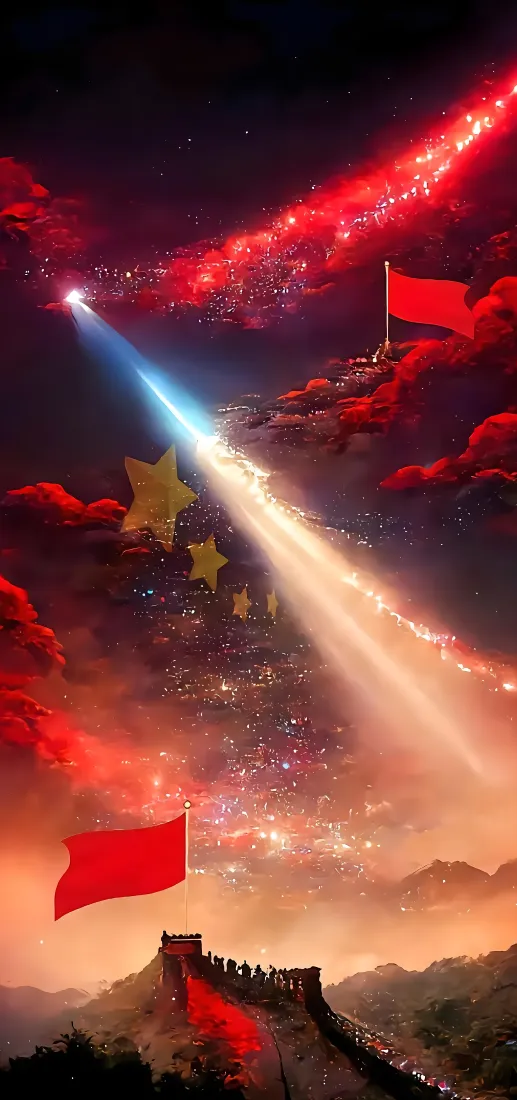 爱国主题手机壁纸｜万里长城背景图片 - 红旗星光红色意境「哲风壁纸」