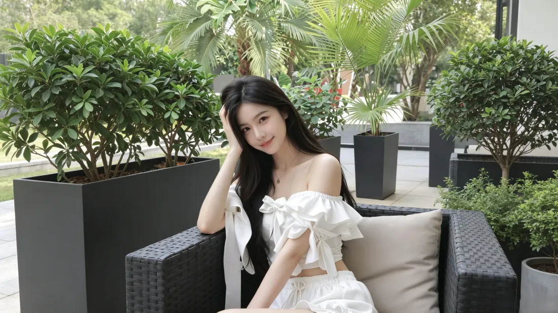 3k清纯美女壁纸｜户外庭院背景图片 - 露肩白裙黑长直「哲风壁纸」