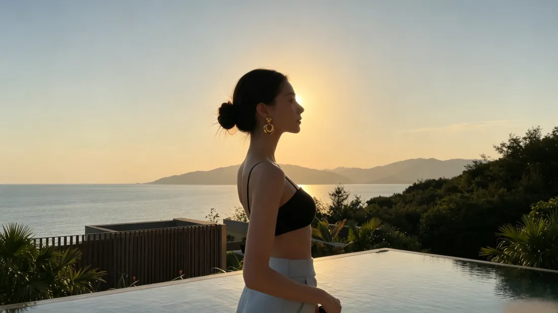 3k海边日落美女壁纸｜泳池侧影背景图片 - 氛围感度假「哲风壁纸」