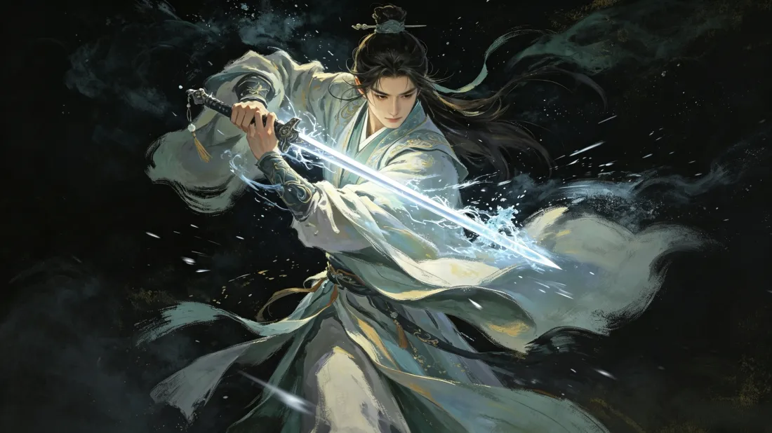 3k古风青衫剑客壁纸｜暗调武侠背景图片 - 持剑施法「哲风壁纸」