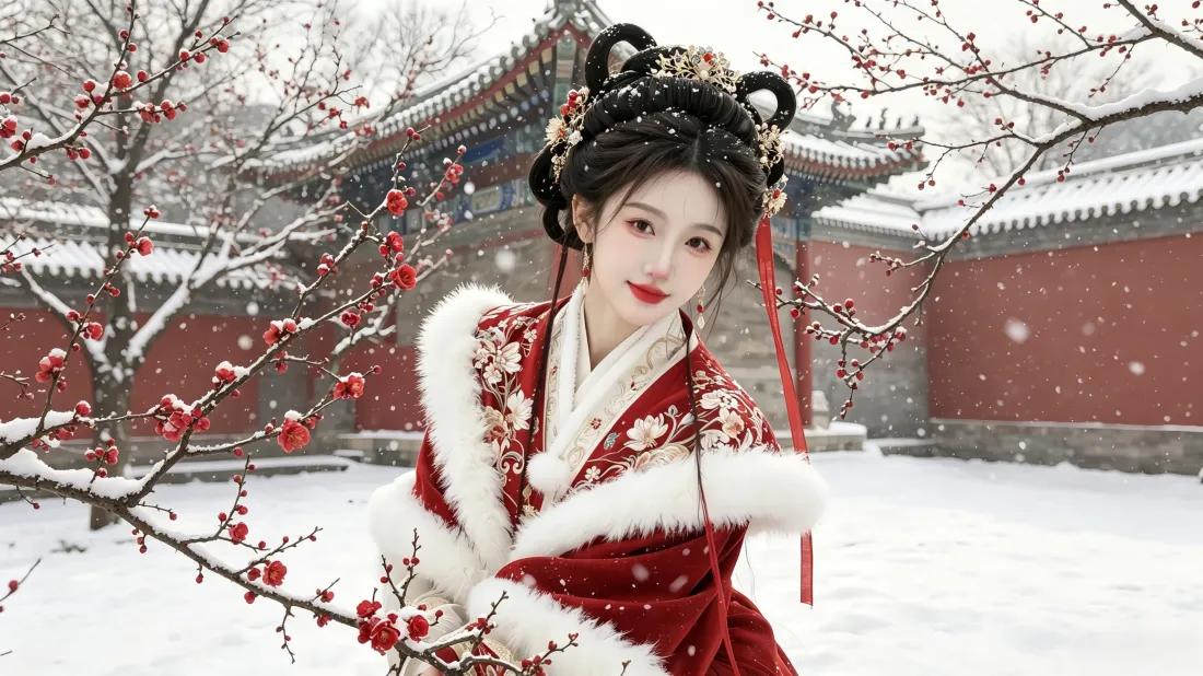 3k红衣汉服美女｜红墙雪景背景图片 - 冬日梅花古风「哲风壁纸」