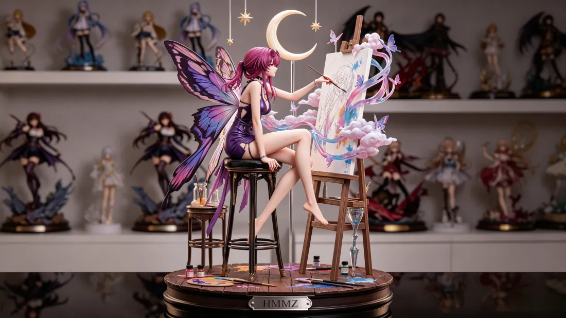 3k蝴蝶精灵少女手办｜背景图片 - 红发画画月亮蝶翼模型「哲风壁纸」