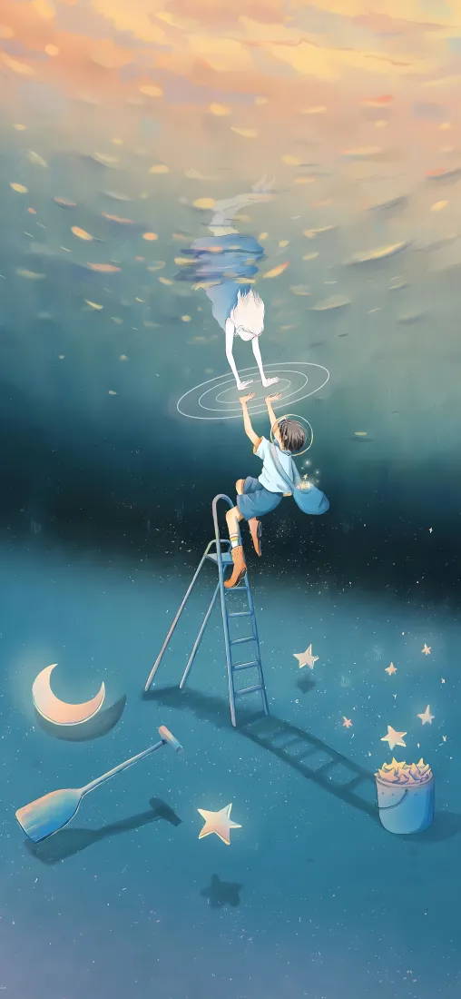 摘星男孩手机壁纸｜水面星空背景图片 - 治愈梦幻插画「哲风壁纸」