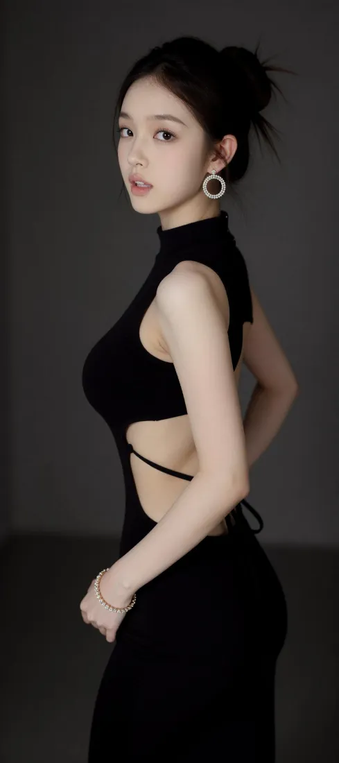气质美女手机壁纸｜黑色露腰裙背景图片 - 氛围感女生写真「哲风壁纸」