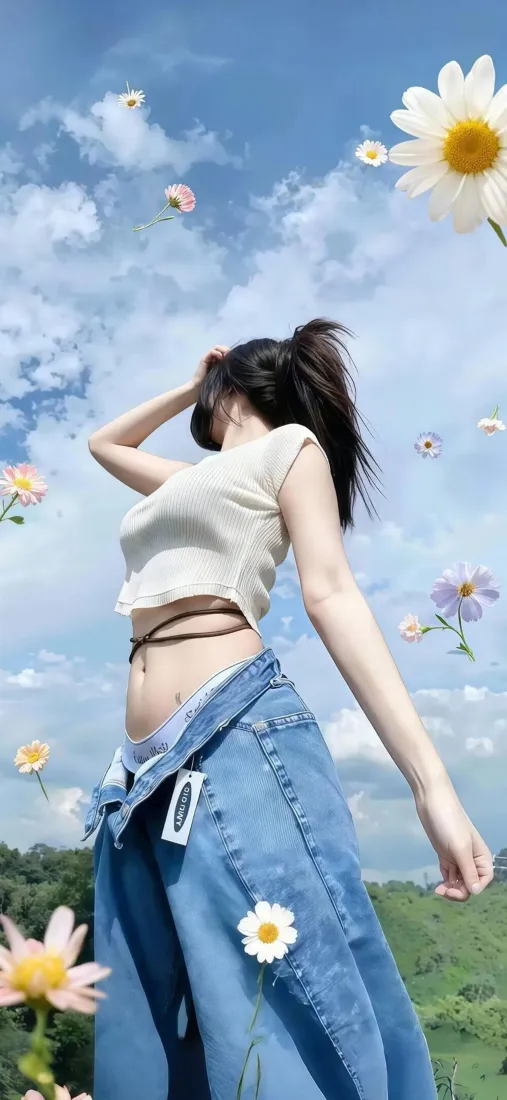 户外女生手机壁纸｜蓝天草地背景图片 - 雏菊夏日清新穿搭「哲风壁纸」