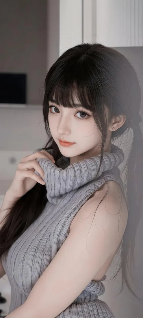 二次元少女手机壁纸｜灰色毛衣背景图片 - 黑长直室内人像「哲风壁纸」