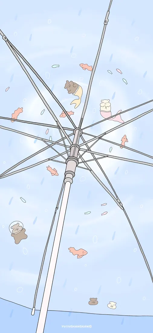 角落生物雨伞｜仰视视角背景图片 - 治愈系蓝色卡通插画「哲风壁纸」