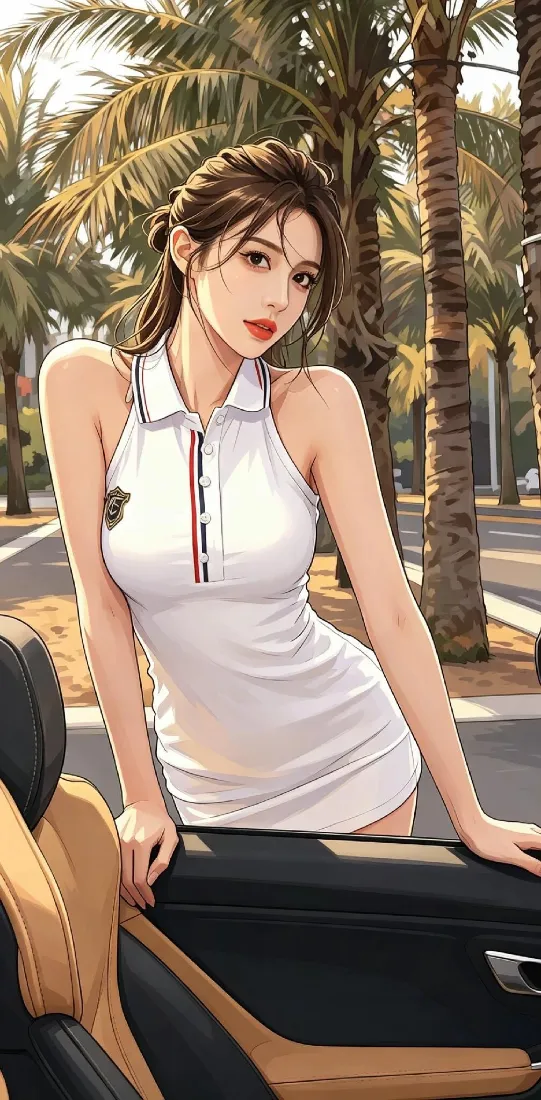 白裙美女手机壁纸｜户外街景背景图片 - 棕榈树旁汽车边靓女「哲风壁纸」