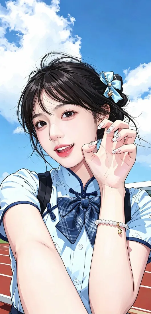 少女手机壁纸｜蓝天操场背景图片 - 国风校服甜美微笑「哲风壁纸」