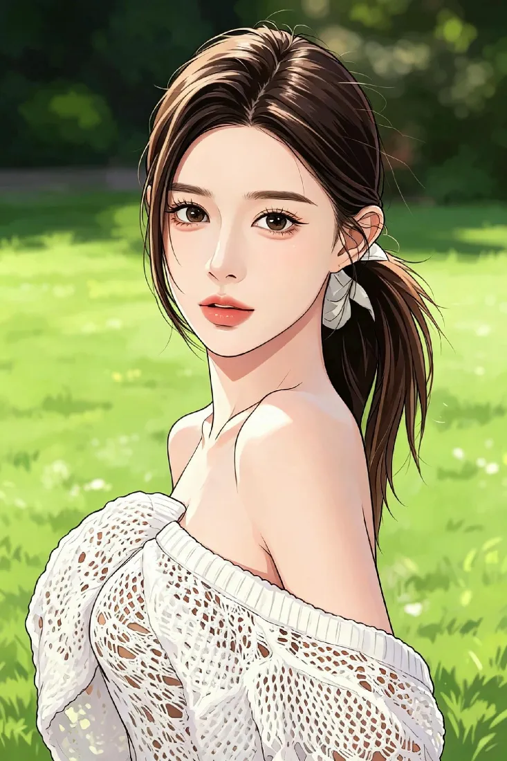 马尾少女手机壁纸｜草地背景图片 - 露肩针织上衣手绘人像「哲风壁纸」