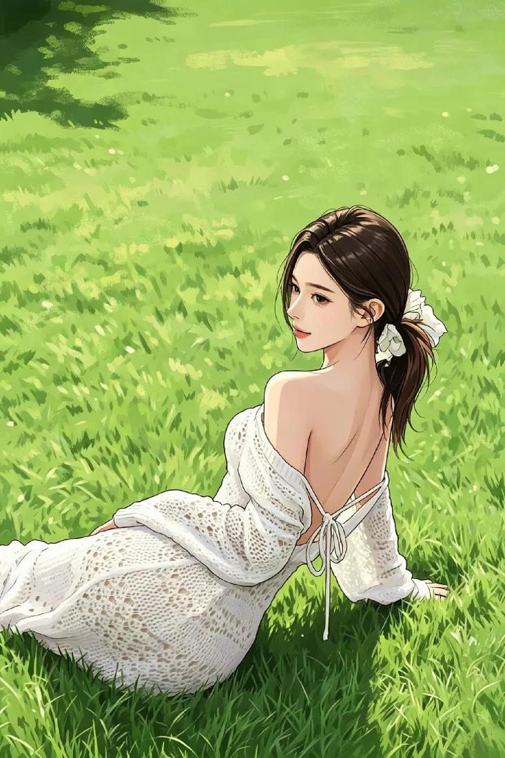 白裙少女|草地背景图片 - 露背蕾丝裙回眸氛围感「哲风壁纸」 白裙少女|草地背景图片 - 露背蕾丝裙回眸氛围感「哲风壁纸」