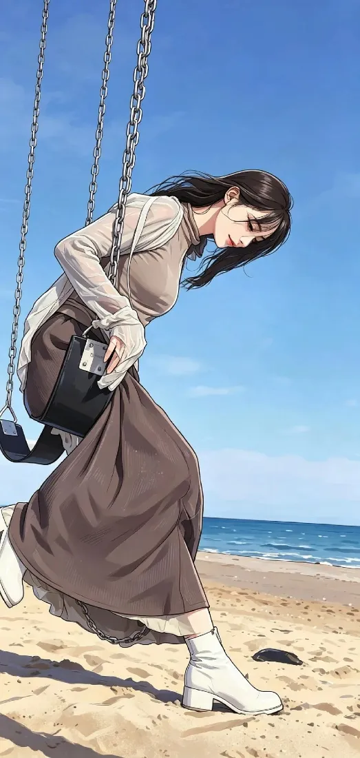 海边秋千美女手机壁纸｜背景图片 - 棕裙白靴海滩晴日「哲风壁纸」