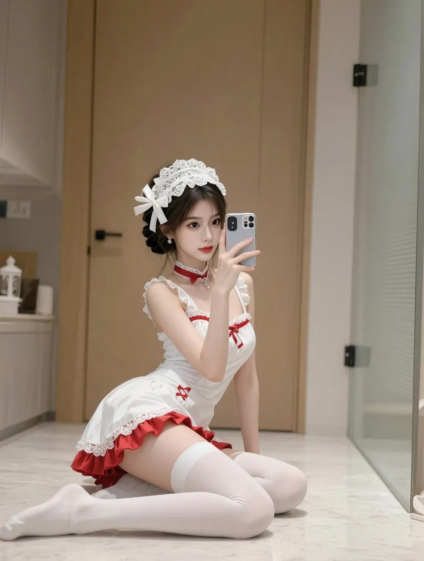 女仆装美女手机壁纸｜室内自拍背景图片 - 白丝红边短裙造型「哲风壁纸」
