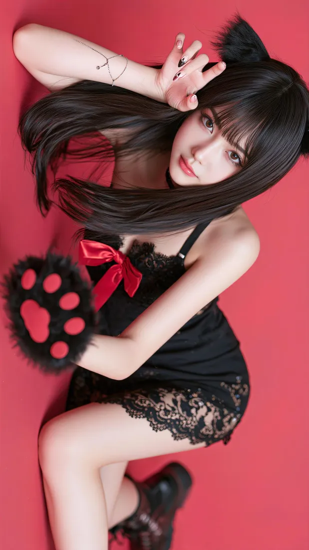 猫耳美女手机壁纸|红色背景图片 - 黑色蕾丝吊带裙猫爪造型「哲风壁纸」 猫耳美女手机壁纸|红色背景图片 - 黑色蕾丝吊带裙猫爪造型「哲风壁纸」