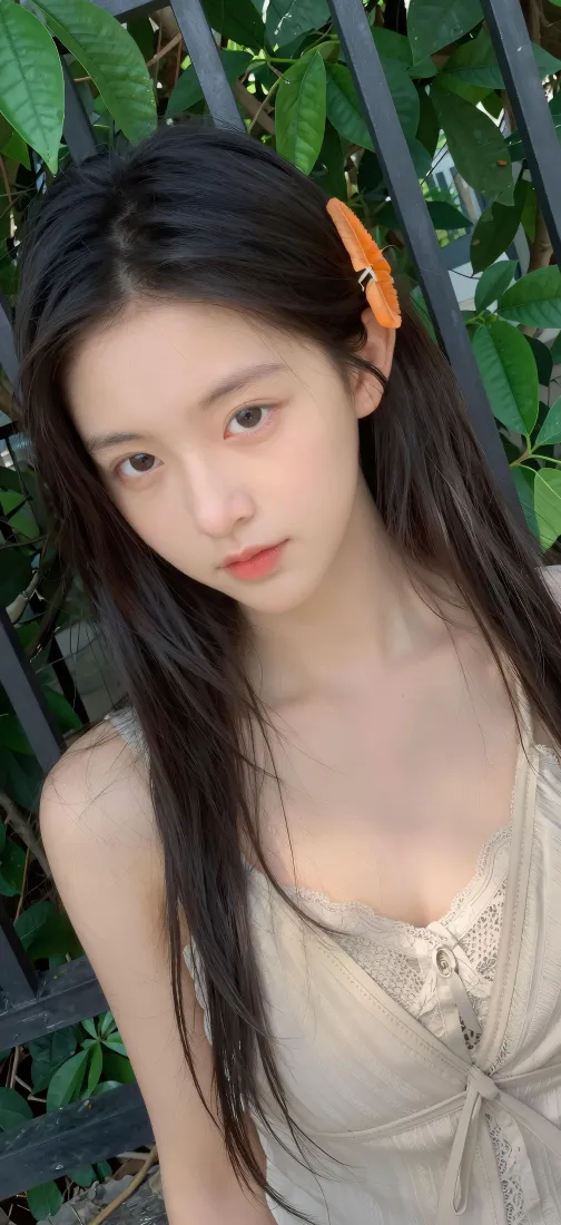 清纯长发美女｜户外背景图片 - 米色吊带橙色发夹「哲风壁纸」