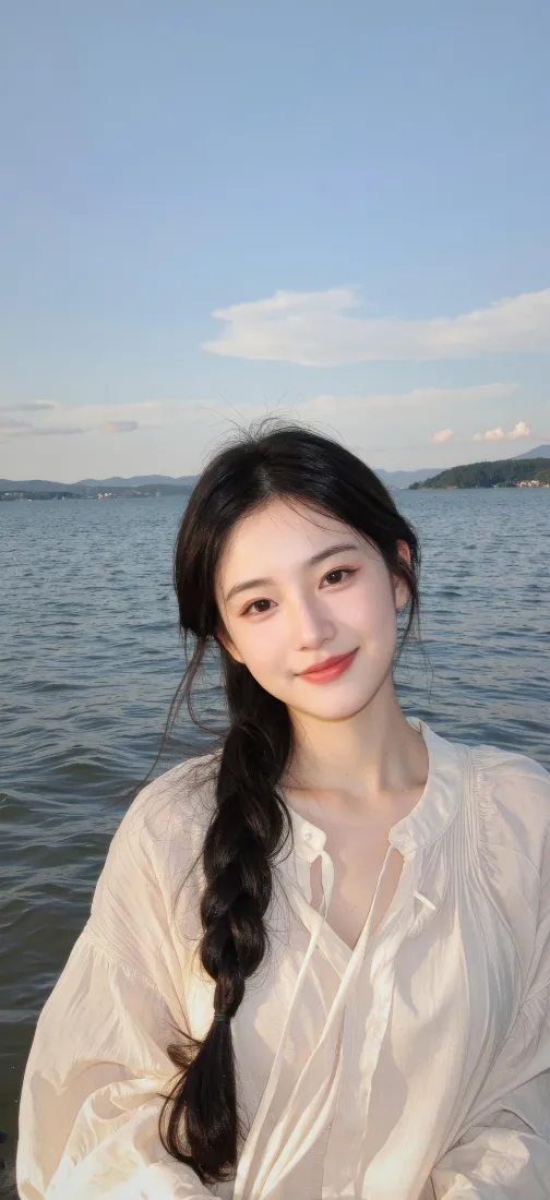海边麻花辫美女手机壁纸｜清新海边背景图片 - 温柔女生写真「哲风壁纸」