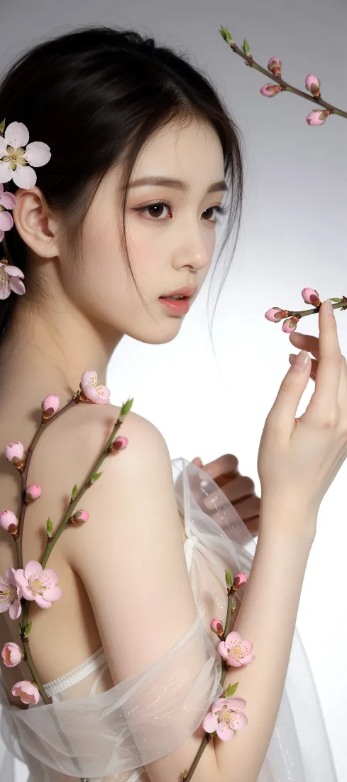 桃花美女手机壁纸｜清新人像背景图片 - 露肩纱裙温柔写真「哲风壁纸」