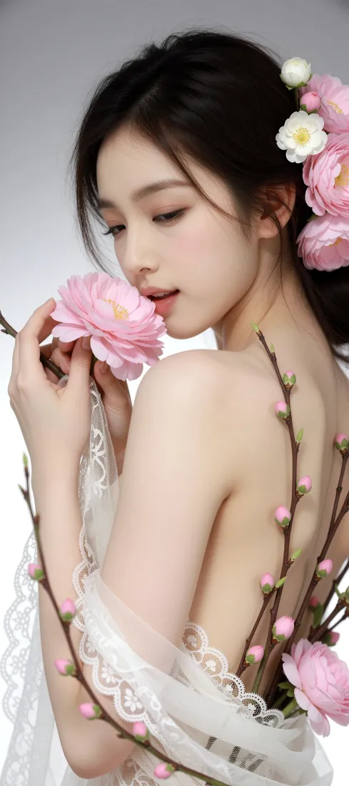 鲜花美女手机壁纸｜露肩人像背景图片 - 粉花黑发「哲风壁纸」