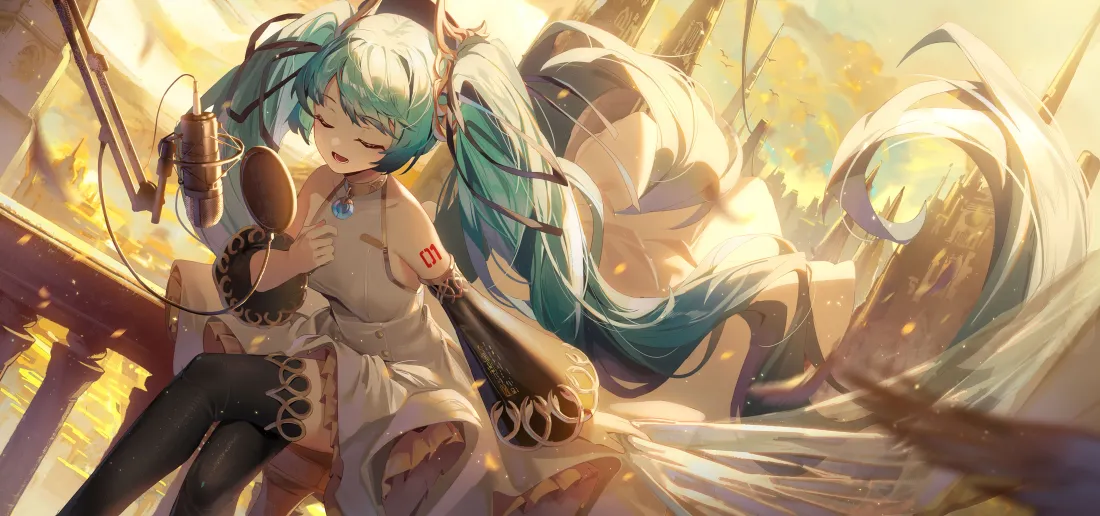 9k初音未来壁纸｜暖光氛围背景图片 - 青发双马尾闭眼少女插画「哲风壁纸」