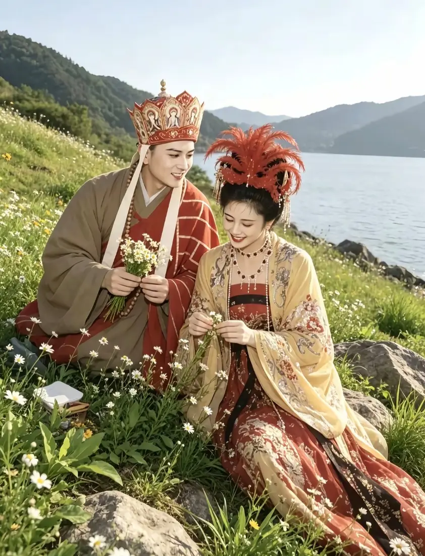 唐僧女儿国国王手机壁纸｜湖边草地背景图片 - 古装情侣甜蜜旅行「哲风壁纸」