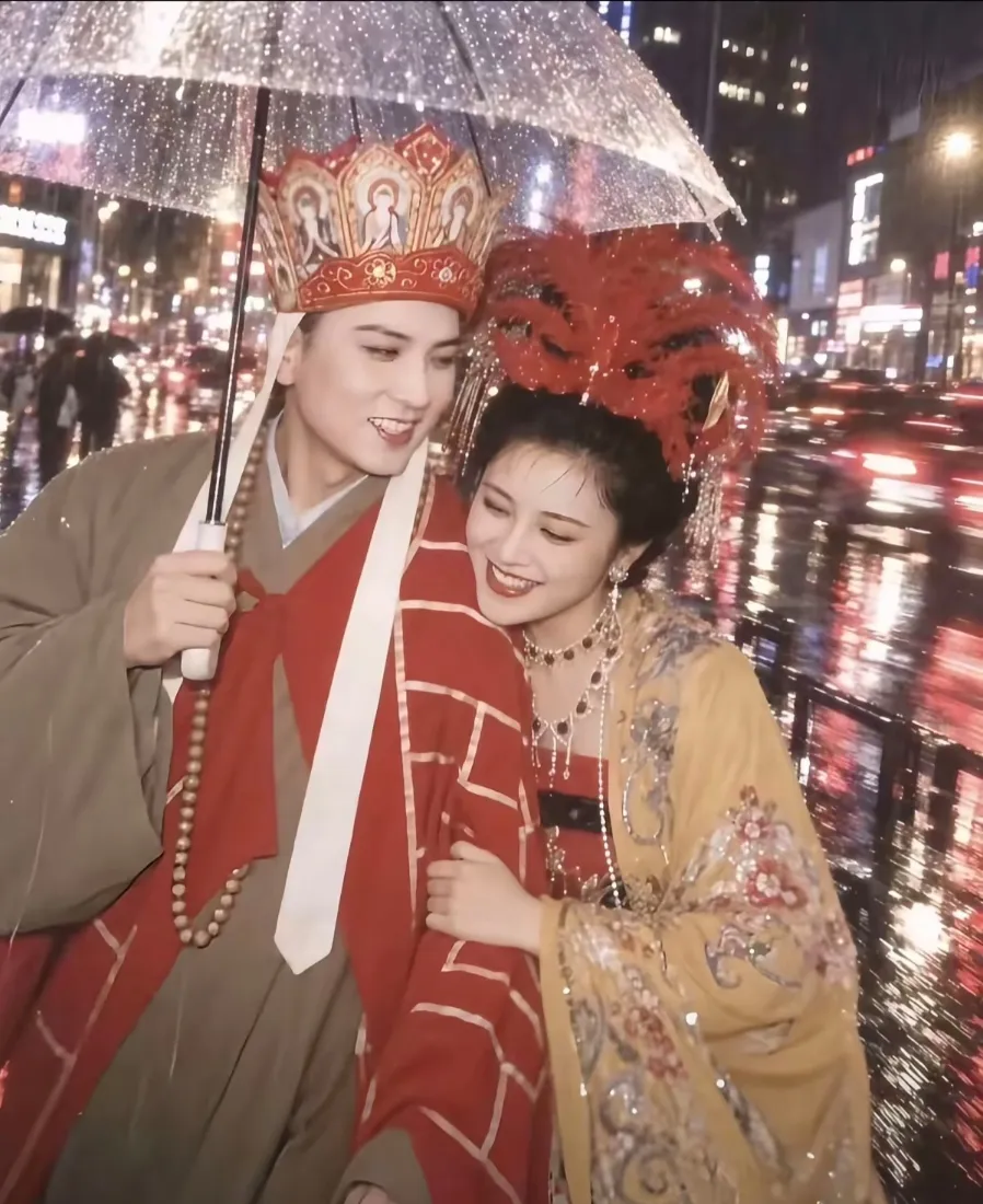 唐僧女儿国国王手机壁纸｜雨夜街头背景图片 - 情侣旅行甜蜜「哲风壁纸」