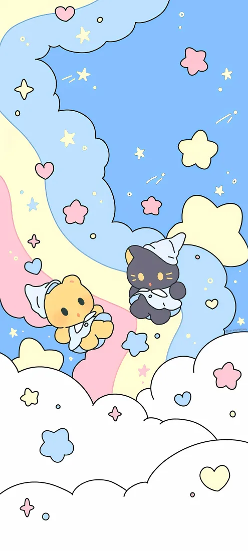 卡通小猫手机壁纸｜云朵彩虹背景图片 - 治愈星星爱心「哲风壁纸」