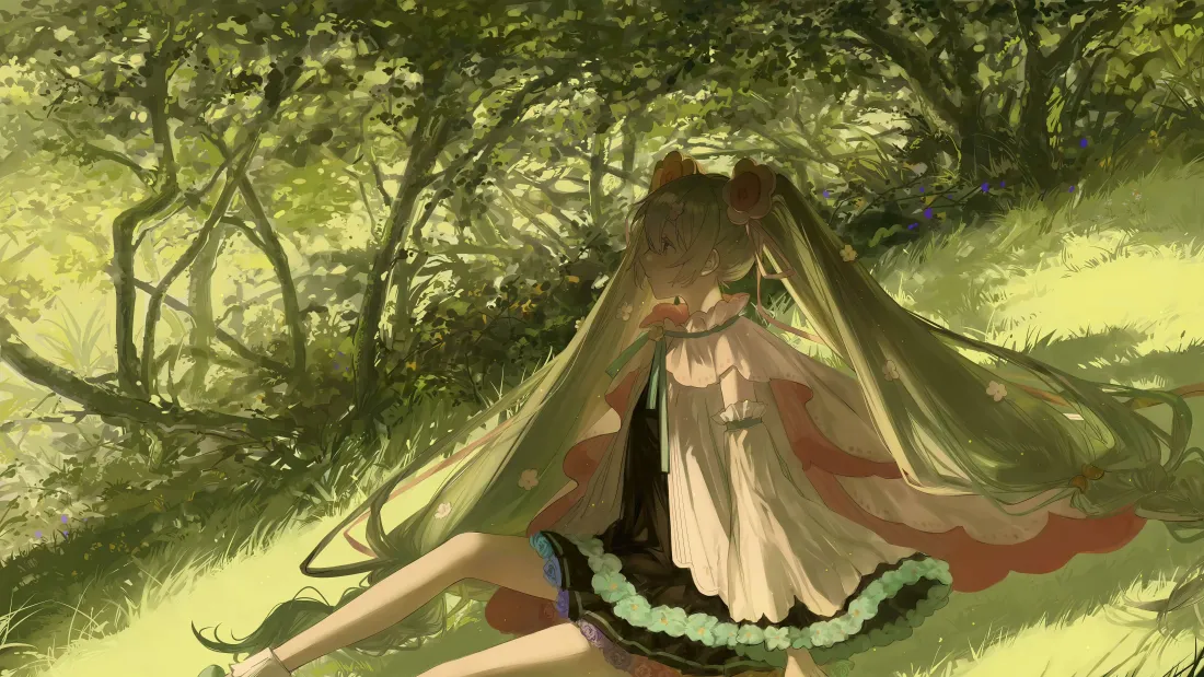 7k初音未来壁纸｜森林背景图片 - 树荫背影双马尾少女「哲风壁纸」