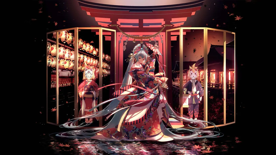 7k初音未来壁纸｜和风古风背景图片 - 灯笼神社红裙「哲风壁纸」