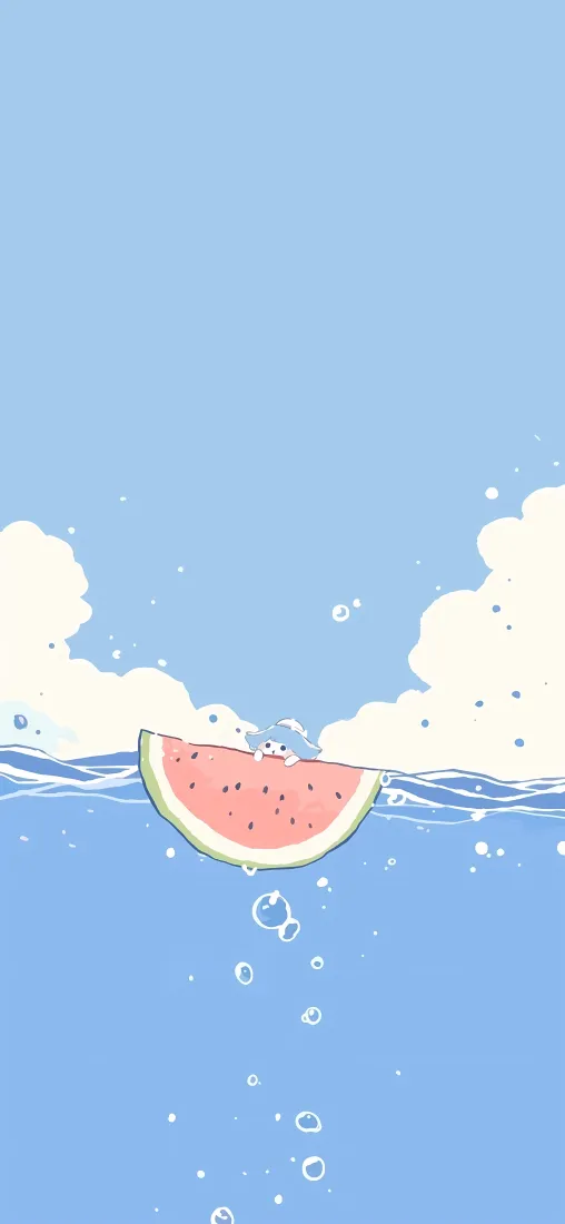西瓜｜卡通夏日背景图片 - 水面蓝天清凉插画「哲风壁纸」