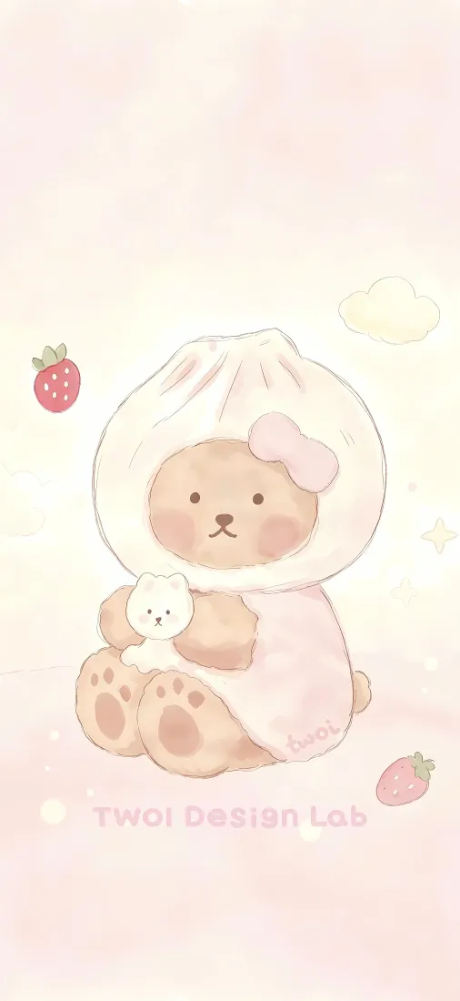包子头套小熊手机壁纸｜抱兔子草莓背景图片 - 软萌治愈插画「哲风壁纸」