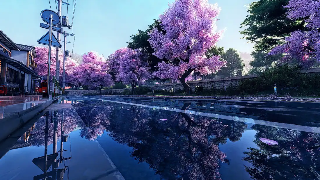 4k樱花街道壁纸｜二次元背景图片 - 雨后积水倒影日系街景「哲风壁纸」
