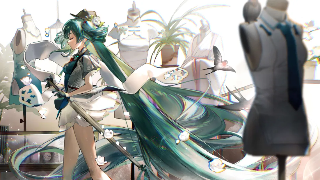 7k初音未来壁纸｜裁缝工作室背景图片 - 绿发双马尾少女「哲风壁纸」
