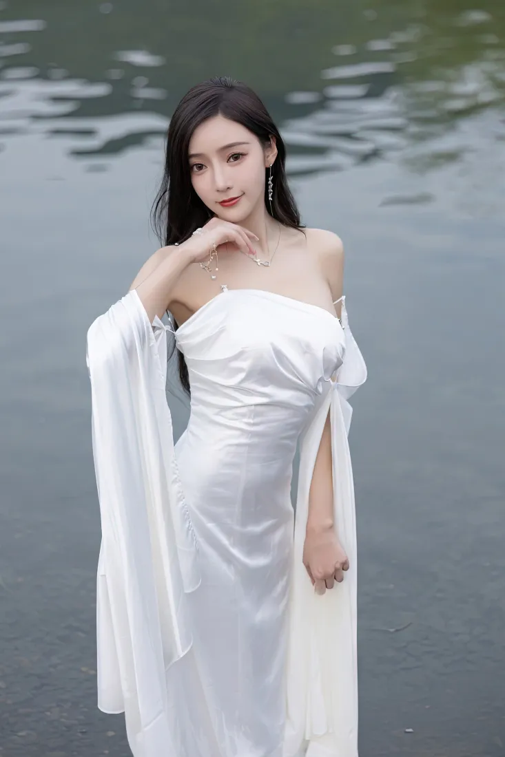 白衣美女手机壁纸｜水边背景图片 - 抹胸长裙优雅写真「哲风壁纸」