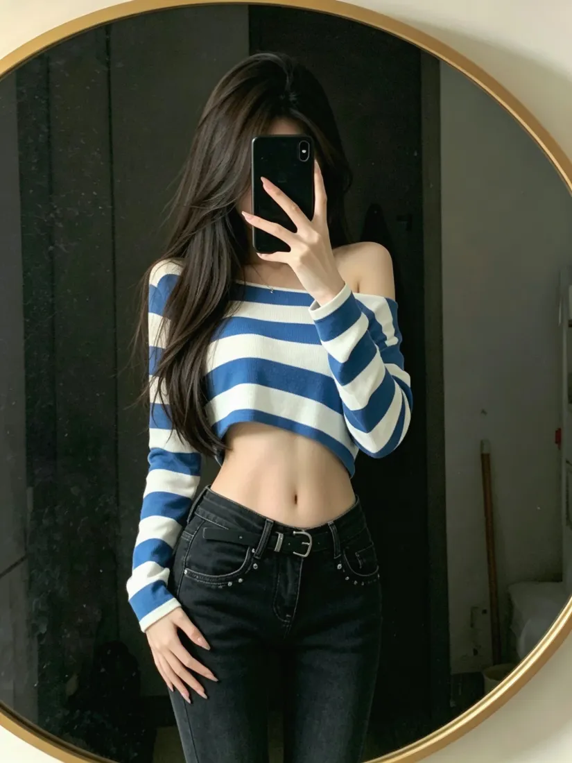 长发女生对镜自拍，穿蓝白条纹露肩短上衣与黑牛仔裤，露纤腰。