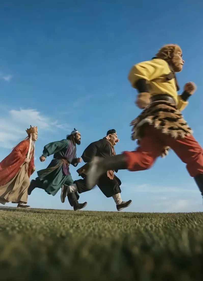 蓝天草地间，西游记师徒四人排成一列朝画面右侧奔跑前行