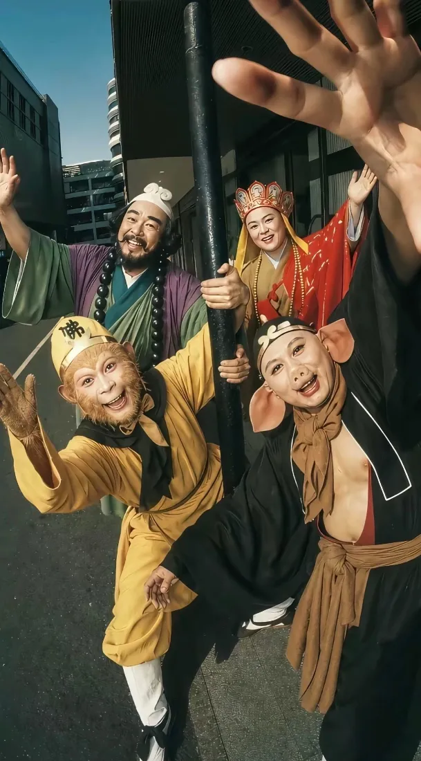 西游记师徒四人cosplay在城市街头搞怪自拍，前景有伸出的手掌