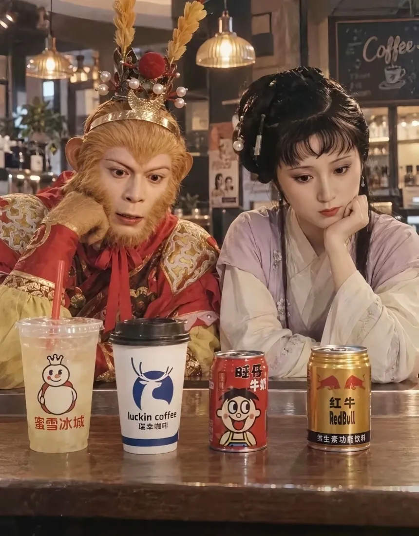 孙悟空与林黛玉coser在咖啡店托腮，桌面摆放四款品牌饮品