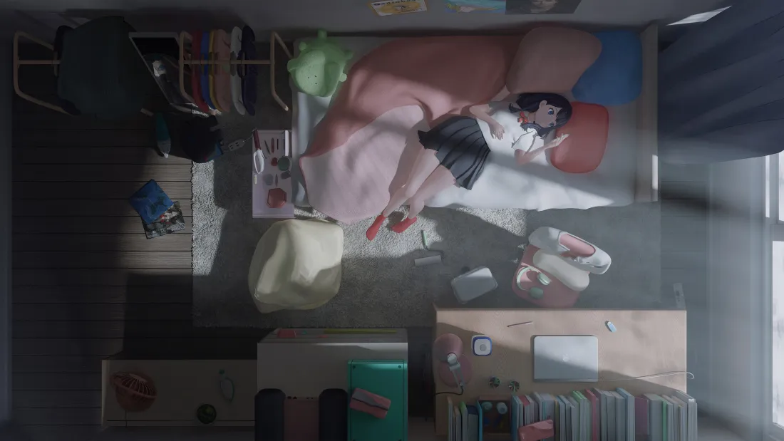 8k黑裙少女|卧室床榻背景图片 - 居家慵懒室内场景「哲风壁纸」 俯视角下黑裙少女躺卧在堆满杂物的卧室床榻上,阳光斜照室内