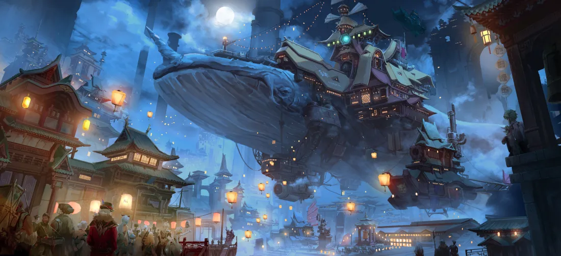 月夜下古风城镇上空悬浮着载有中式楼阁的巨型鲲，孔明灯与暖黄灯火点缀其间。