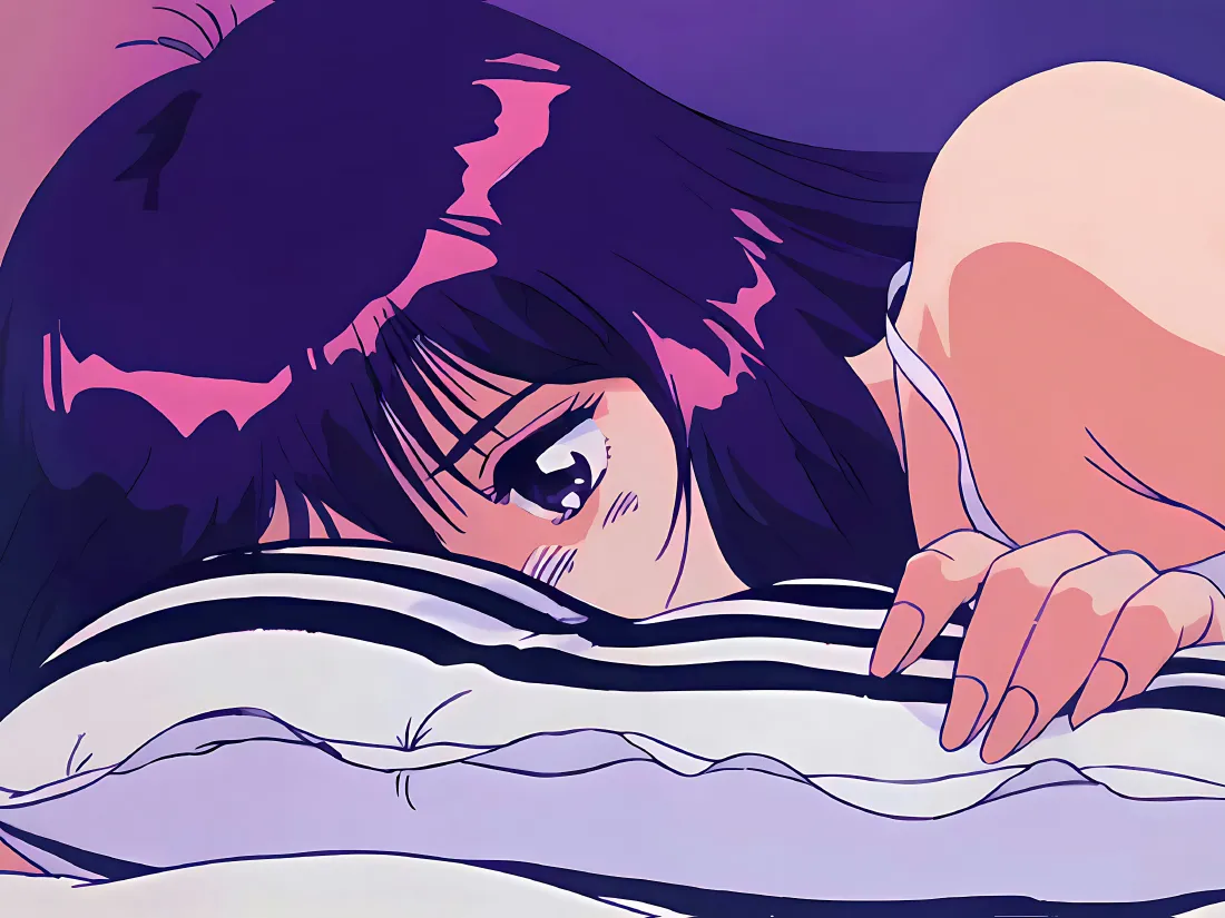 复古日系画风，紫发少女趴卧在条纹床品上，脸颊泛红神态害羞。