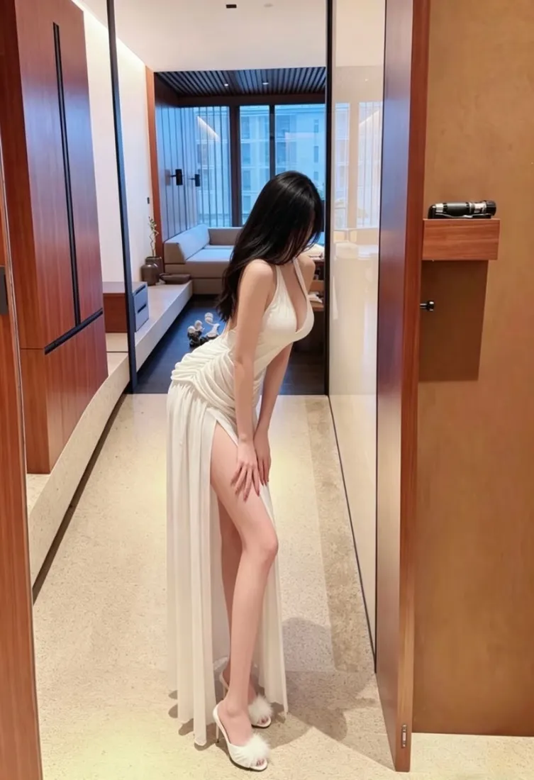 酒店走廊内，黑长直长发女子身着白色深V开叉长裙侧身站立，脚穿白色高跟凉鞋。
