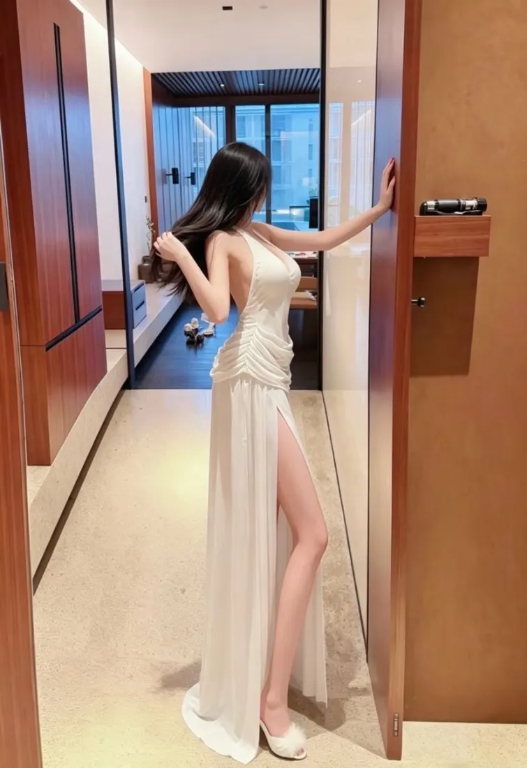 黑长直美女穿白色露背开叉长裙，在酒店走廊手扶门框侧身站立。