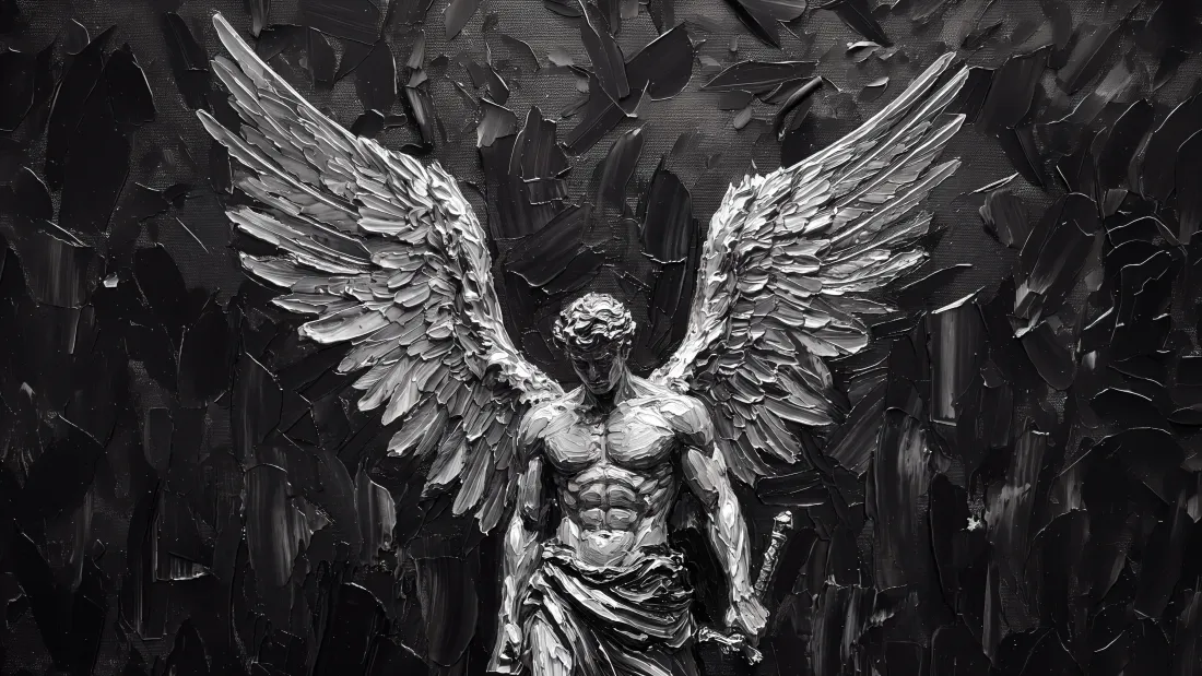 黑白厚涂风格的肌肉男性天使雕塑形象，背景为暗调油画质感纹理