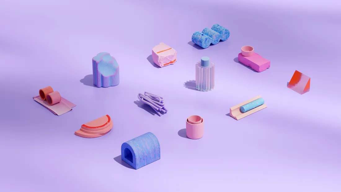 淡紫背景上散落着马卡龙色等距3D几何小物件，柔和清新。