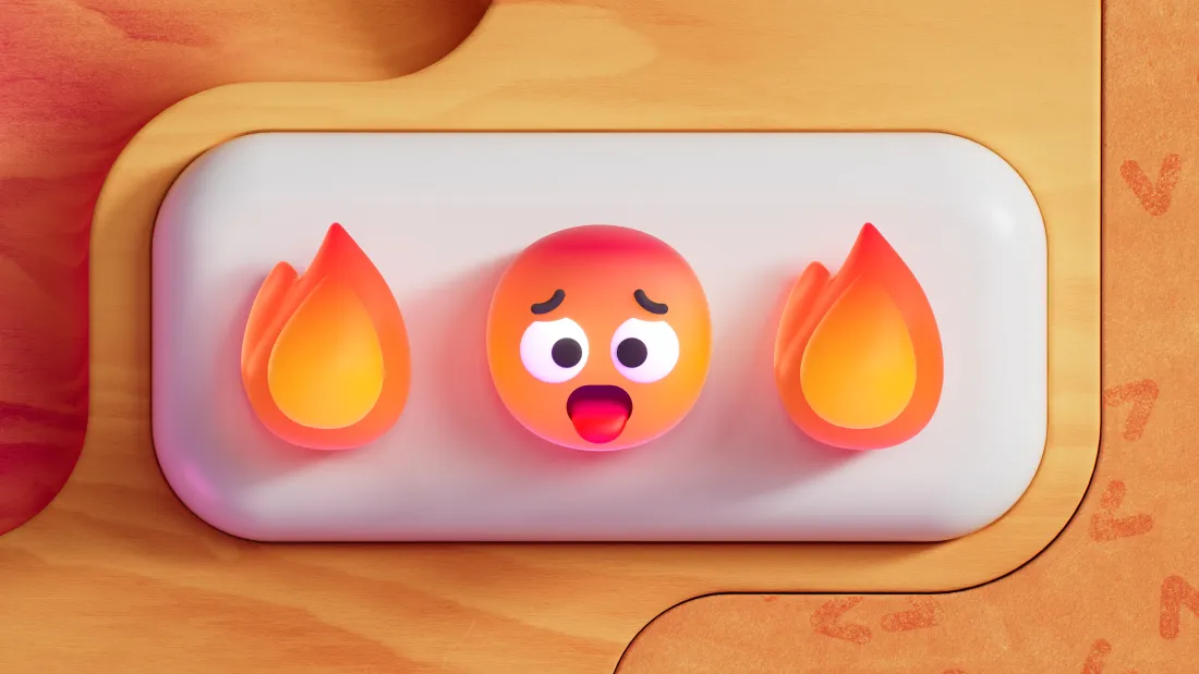 3D拟物风格，白色圆角面板上居中放置惊讶红脸emoji，两侧对称搭配火焰图标