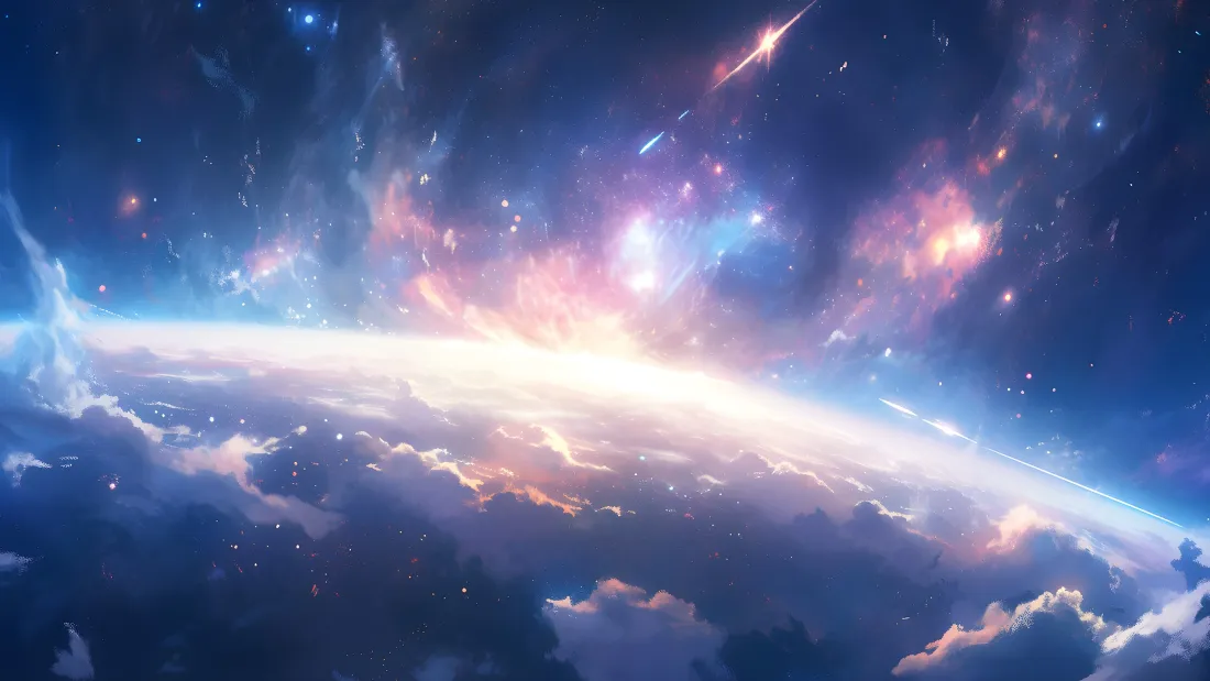 3k宇宙星云壁纸|星空流星背景图片 - 梦幻深空星际「哲风壁纸」 蓝紫粉渐变的梦幻深空星云,流星划过,下方是云层与明亮的行星边缘光带