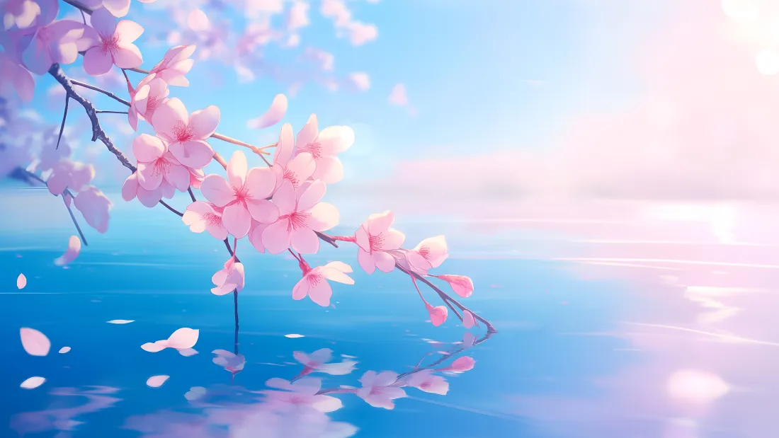 4k樱花壁纸|湖面背景图片 - 春日蓝天落瓣清新风景「哲风壁纸」 春日樱花枝垂于湖面,花瓣飘落水面,蓝天与阳光相映成清新风景