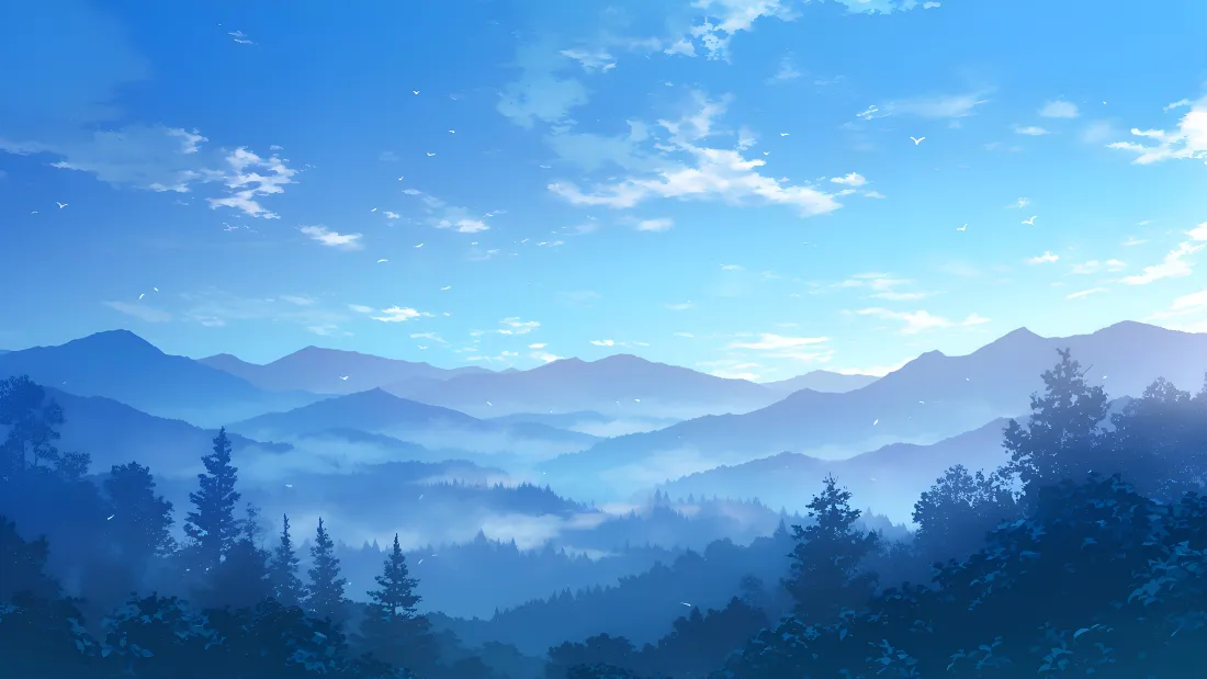 4k群山壁纸|蓝天云海背景图片 - 森林远山自然景观「哲风壁纸」 蓝天薄云下,层叠远山被晨雾环绕,前景是深色针叶林剪影。