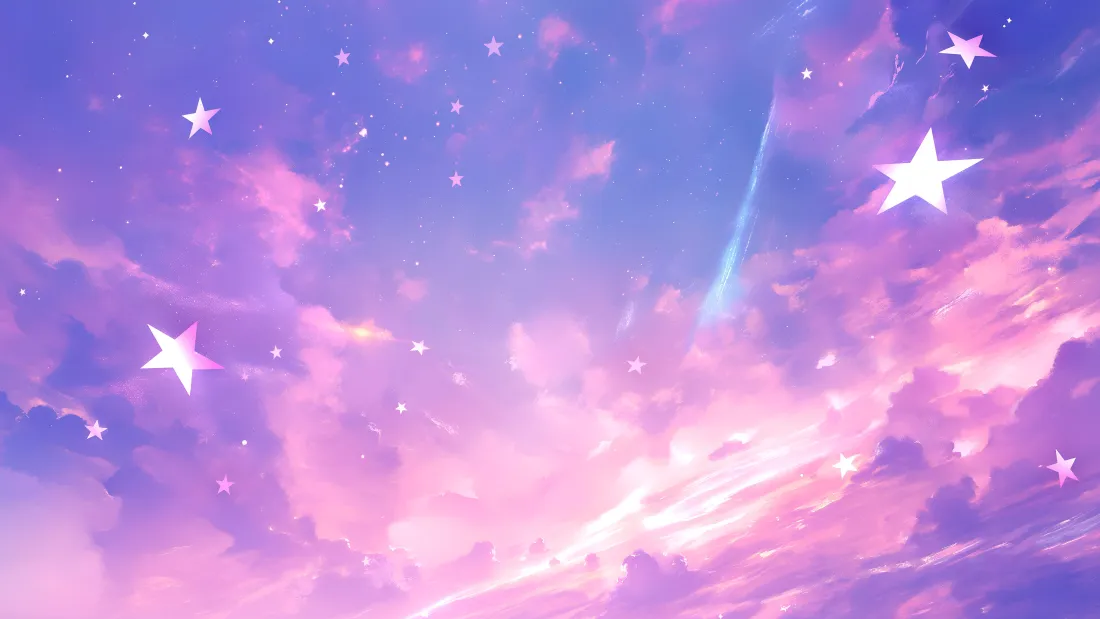 粉紫渐变梦幻夜空，点缀星光与流星，柔云弥漫，浪漫治愈。